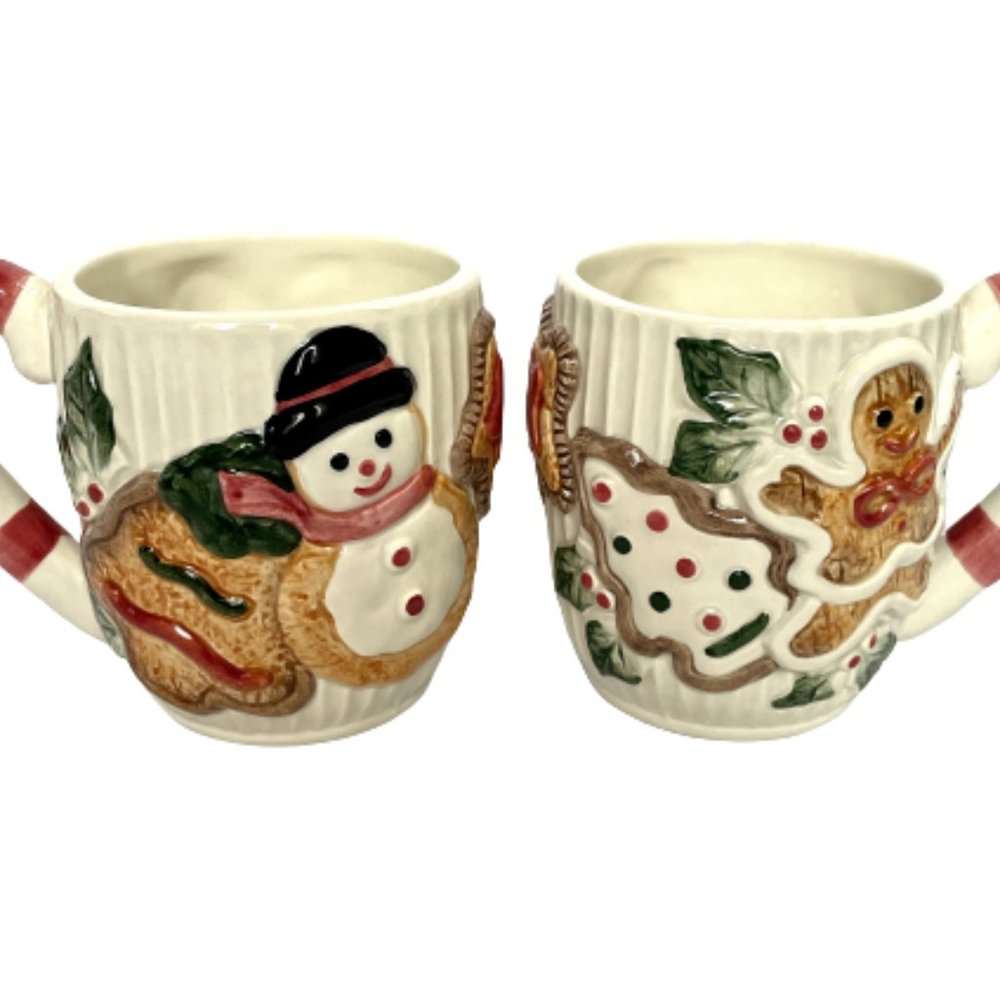 Set of 2 Vintage Fitz Floyd 1993 Christmas Cookie Coffee Mugs Candy Cane Handle